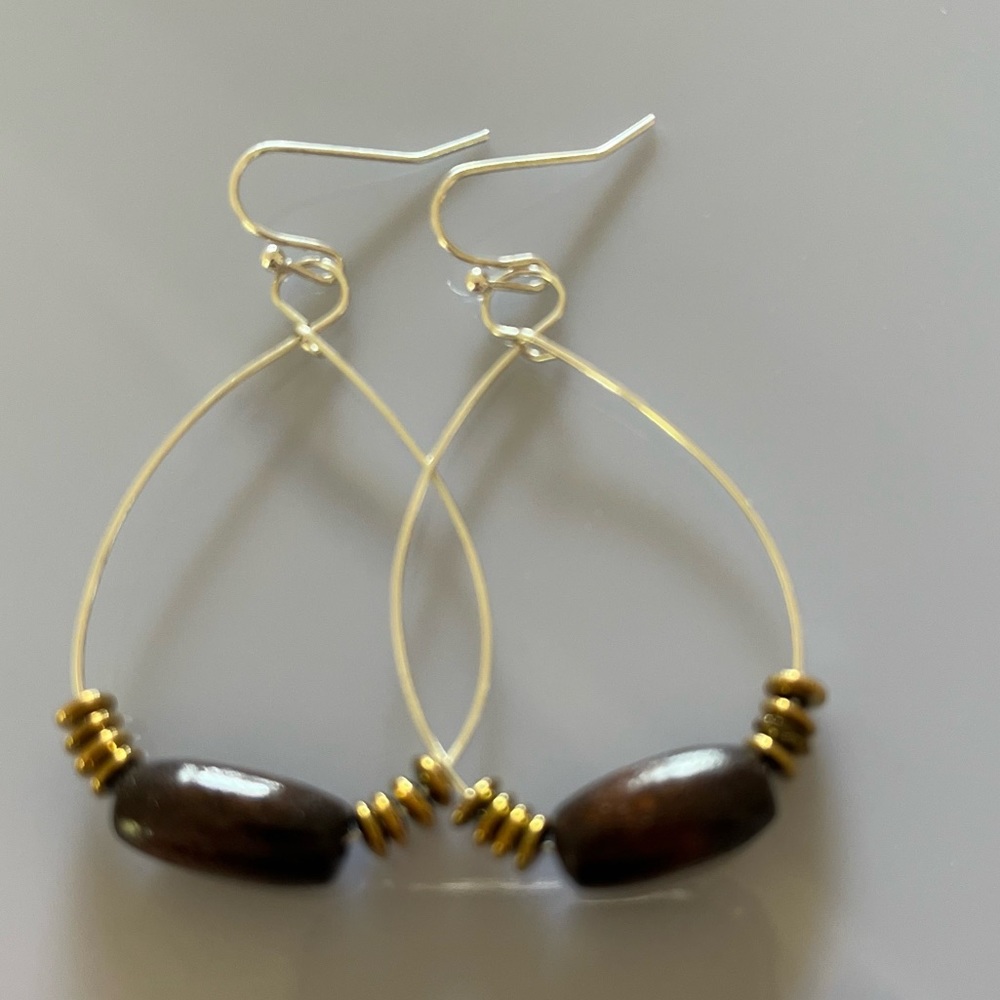 gold hoops with gold & wooden bead